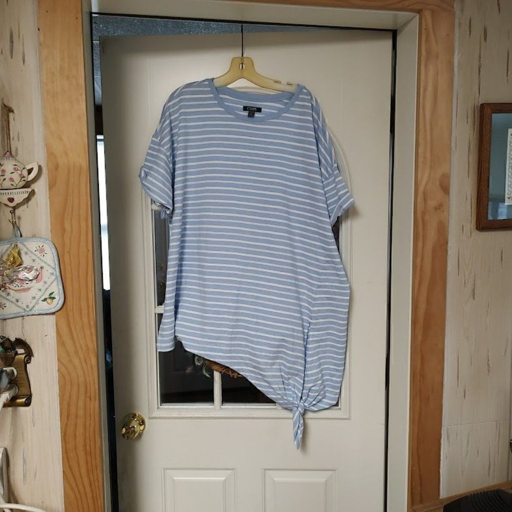 New Chaps Blue White Striped Short Sleeve Top With Tie On The Side Women's 2X